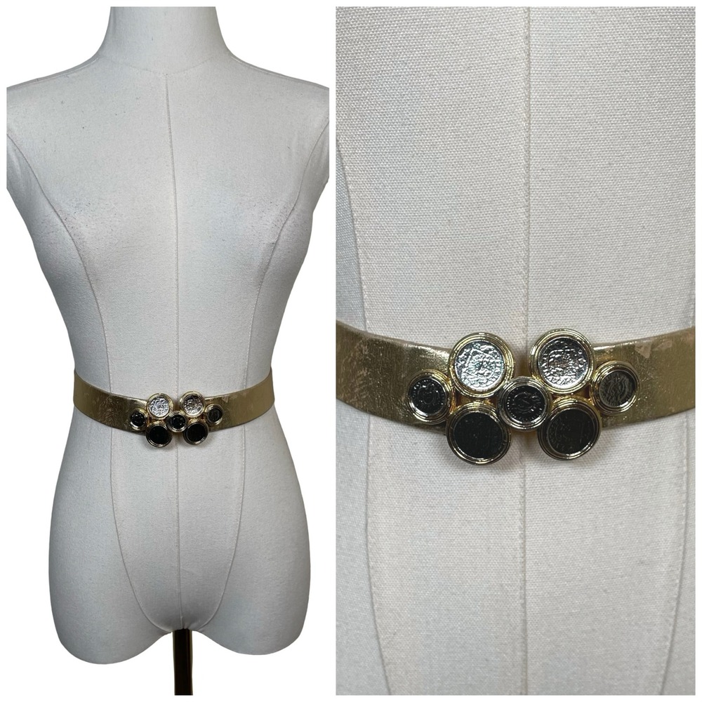 Vintage Coin Buckle Waist Belt Women OS Gold Metallic Medallion Statement 80s